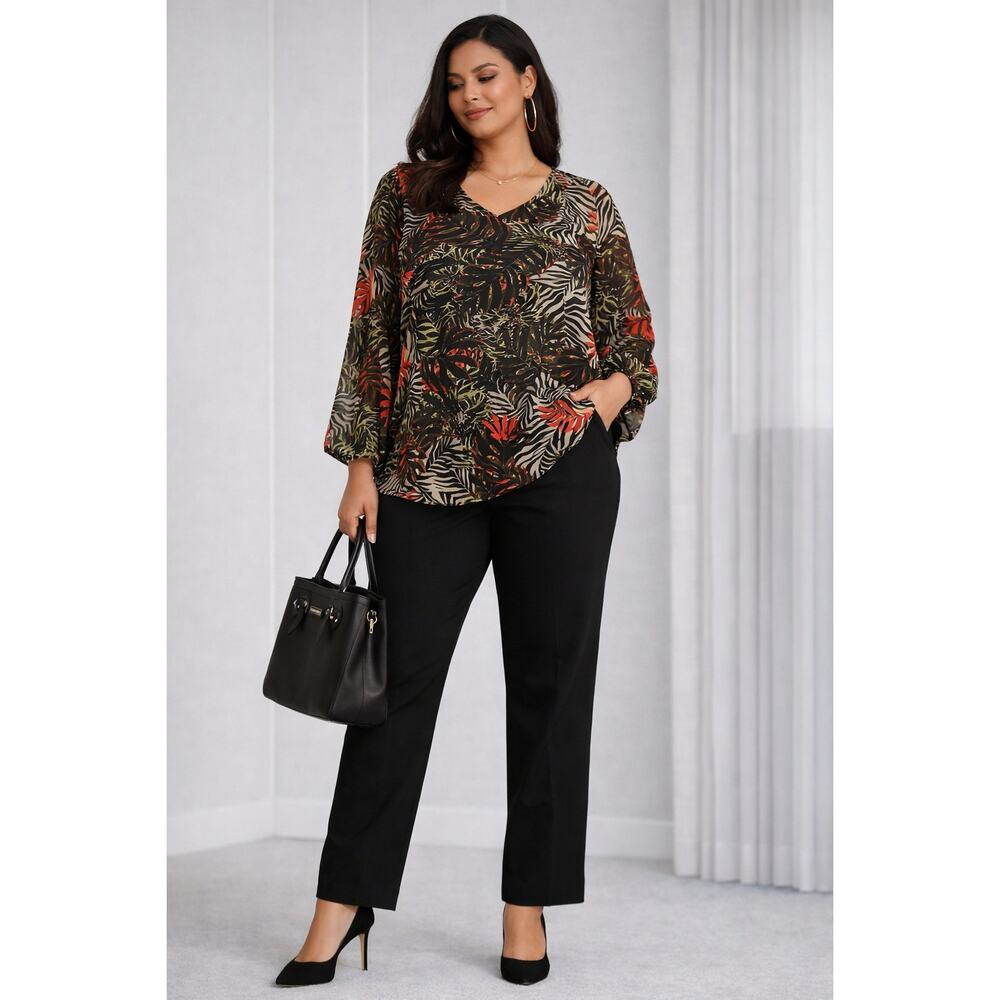 Womens Size 1X XL 3 Piece Outfit Blouse Pants Designer Black Tote